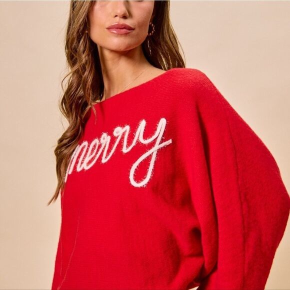 SO ME Tinsel Letters Cozy Christmas Sweater Baggy Top Red 'Merry' Text size Smal - Picture 8 of 11